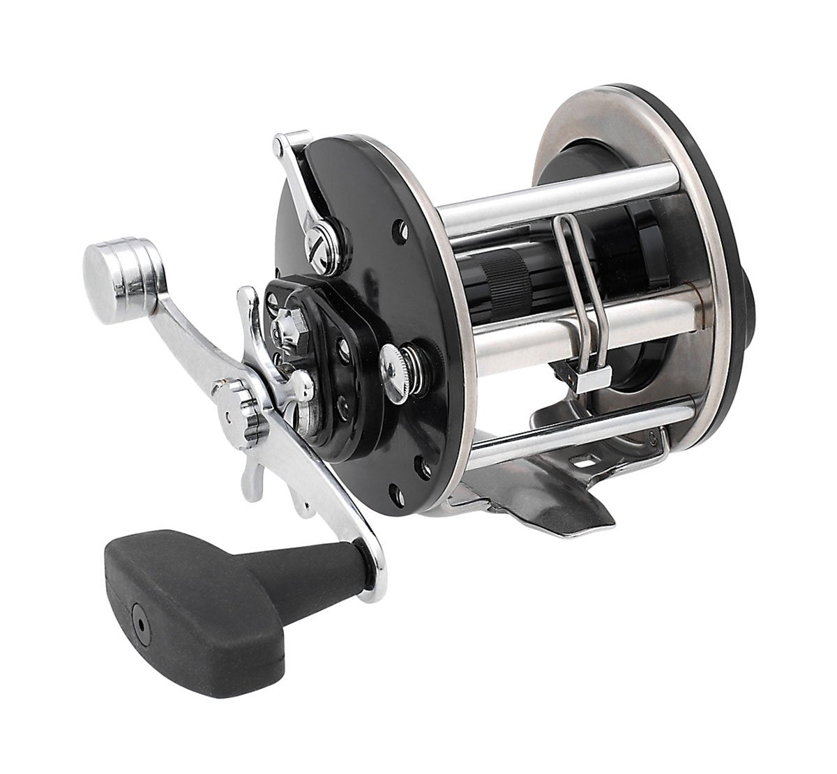 A close-up of the Penn General Purpose Levelwind Fishing Reel 3.2:1 209M by Penn displays its black and silver metal body, crank handle, and spool—an ideal, durable choice for anglers seeking versatile performance.