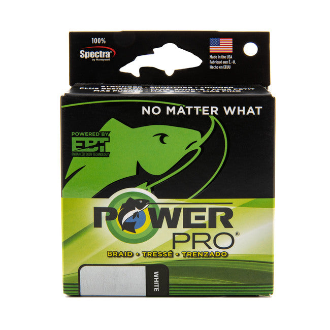 A box of Power Pro Braided Line, mainly black and green with a fish graphic and the slogan “NO MATTER WHAT.” Made in the USA from Spectra Fiber by Power Pro, it features a white color label.