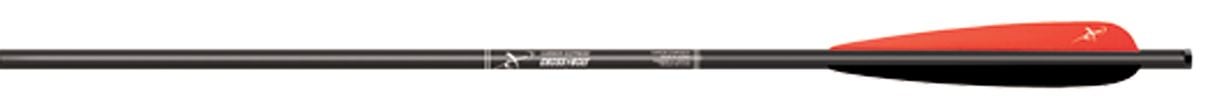 The Carbon Express Crossbow Bolt Crossbow Release Bolt by Carbon Express features a black shaft, red and black fletching, moon nocks, and white printed text on the shaft.