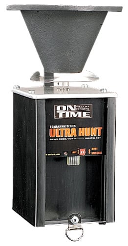 The On Time Ultra Hunt Timer Only-Tomahawk is a black and gray, digitally programmable timer for game feeders, featuring a square bottom housing, circular metal ring at the base, and wide funnel-shaped top for efficient feeding.