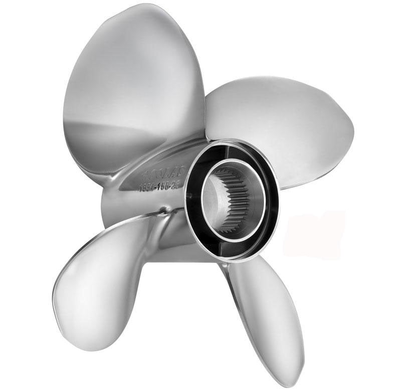 The Solas Bravo III 4 Blade Prop 1654-158-22 by Solas is a used, excellent condition silver boat propeller with a central hub, 15.75" diameter, 22 pitch, and shiny reflective blades viewed from an angle showing its circular opening.