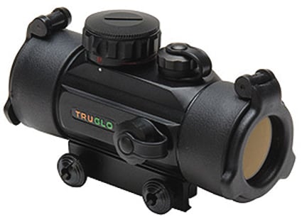 The TruGlo Red-Dot Black Open Dual Clr Sight TG8370B features dual-color reticles, adjustable brightness, adjustment knobs, lens covers, and mounting hardware—ideal for firearms or airguns.