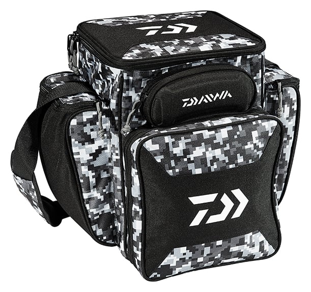 The Daiwa D-Vec Tactical Soft Sided Tackle Box, by Daiwa, features a black and white digital camo design, corrosion-resistant zippers, multiple compartments, front logos, side pockets, a top handle, and shoulder strap with space for a tackle box.