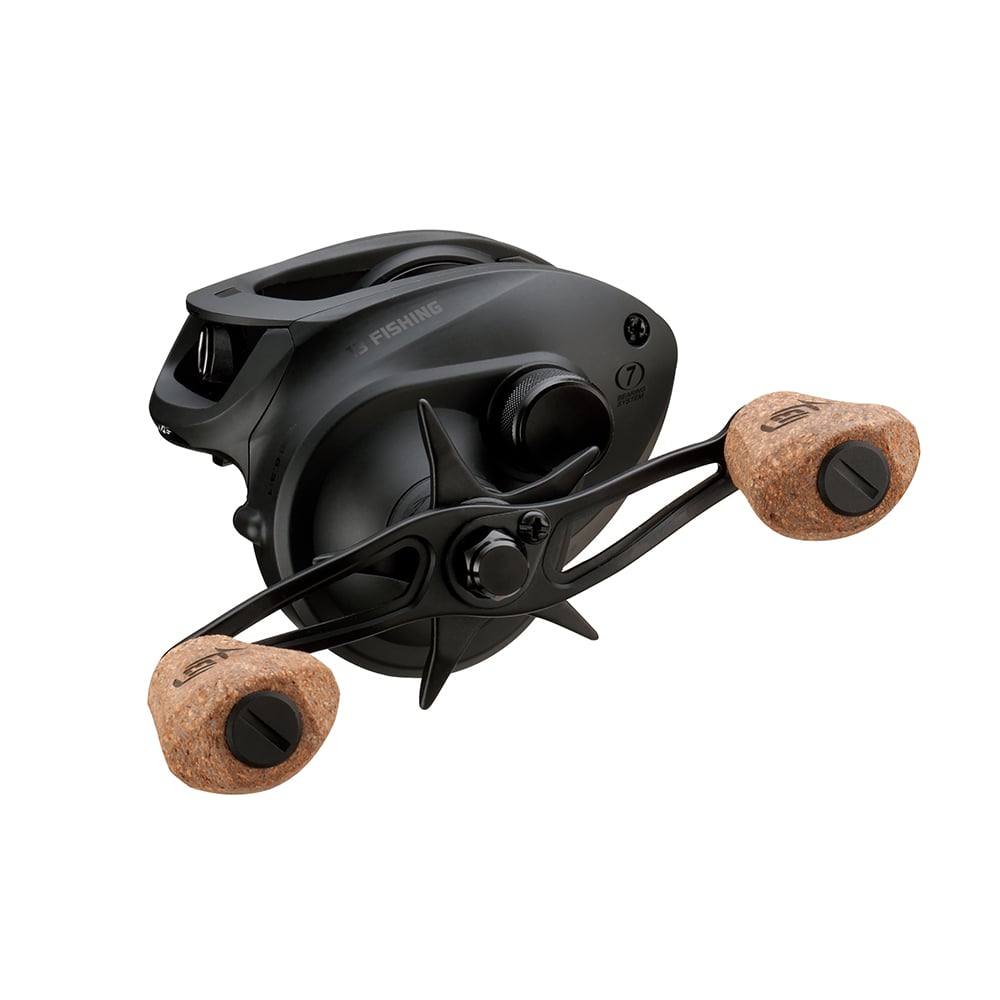 The 13 Fishing Concept A3 Gen II Casting Reel Left Hand 6.3:1 (CA3-6.3-LH) by 13 Fishing is a sleek black baitcasting reel with dual cork handles, modern controls, and gear visibility—ideal for saltwater fishing.
