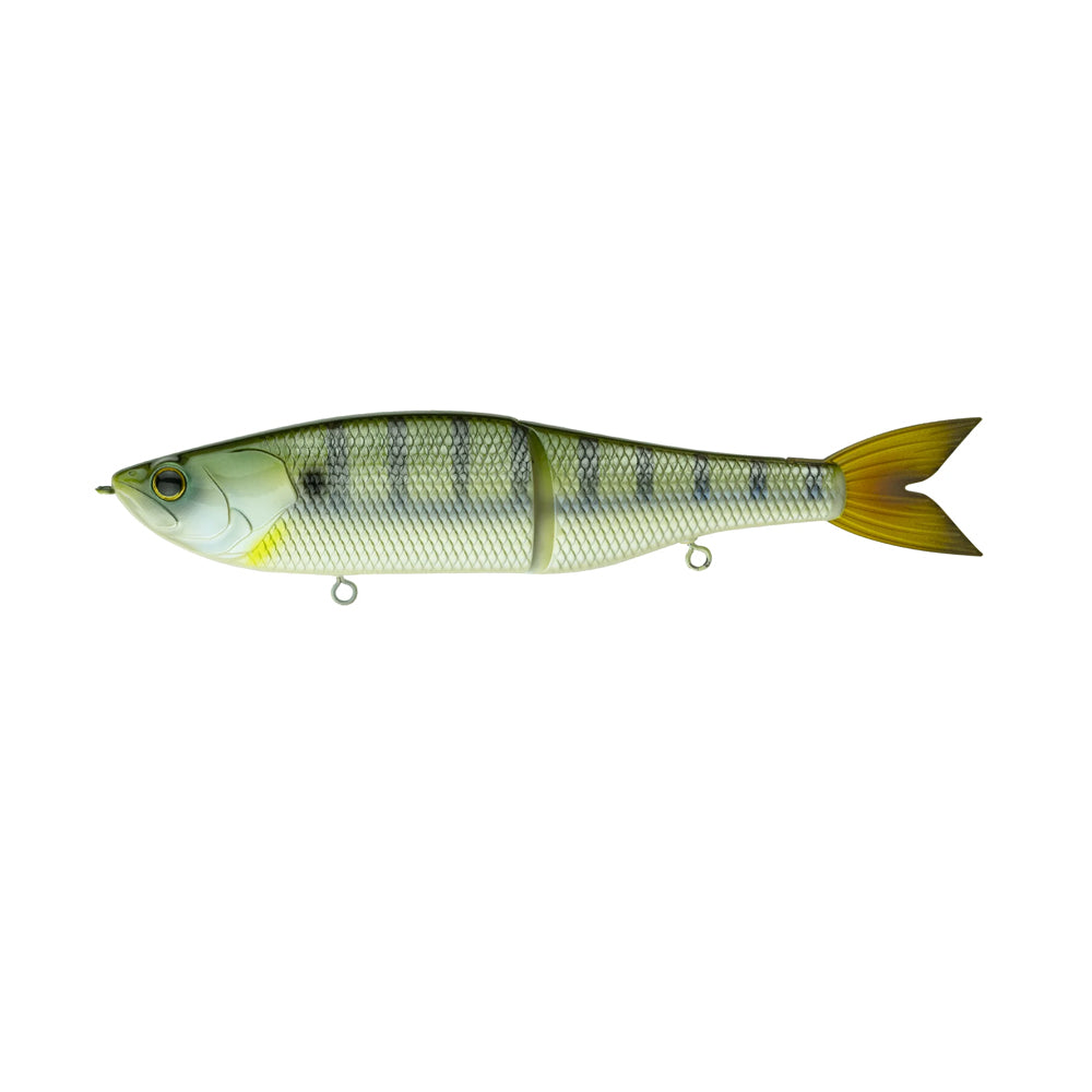 The 6th Sense Draw Glide Baits, a realistic green and yellow swimbait shaped like a small fish, is shown slow sinking on a white background.