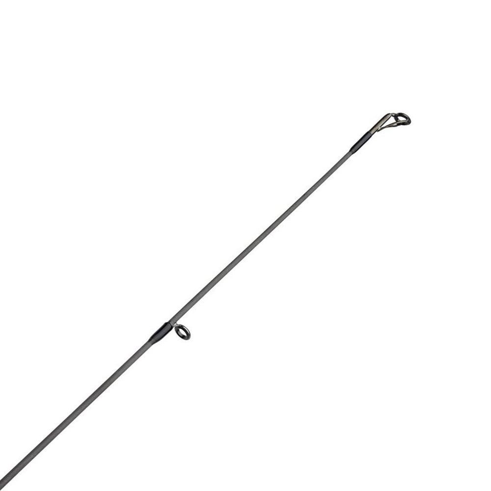 A close-up view of the top section of an Abu Garcia Fantasista X Spinning Rod 6'10" Medium Light against a white background reveals two line guides. The slender rod, made from dark Powerlux 500 material, highlights precision and durability.
