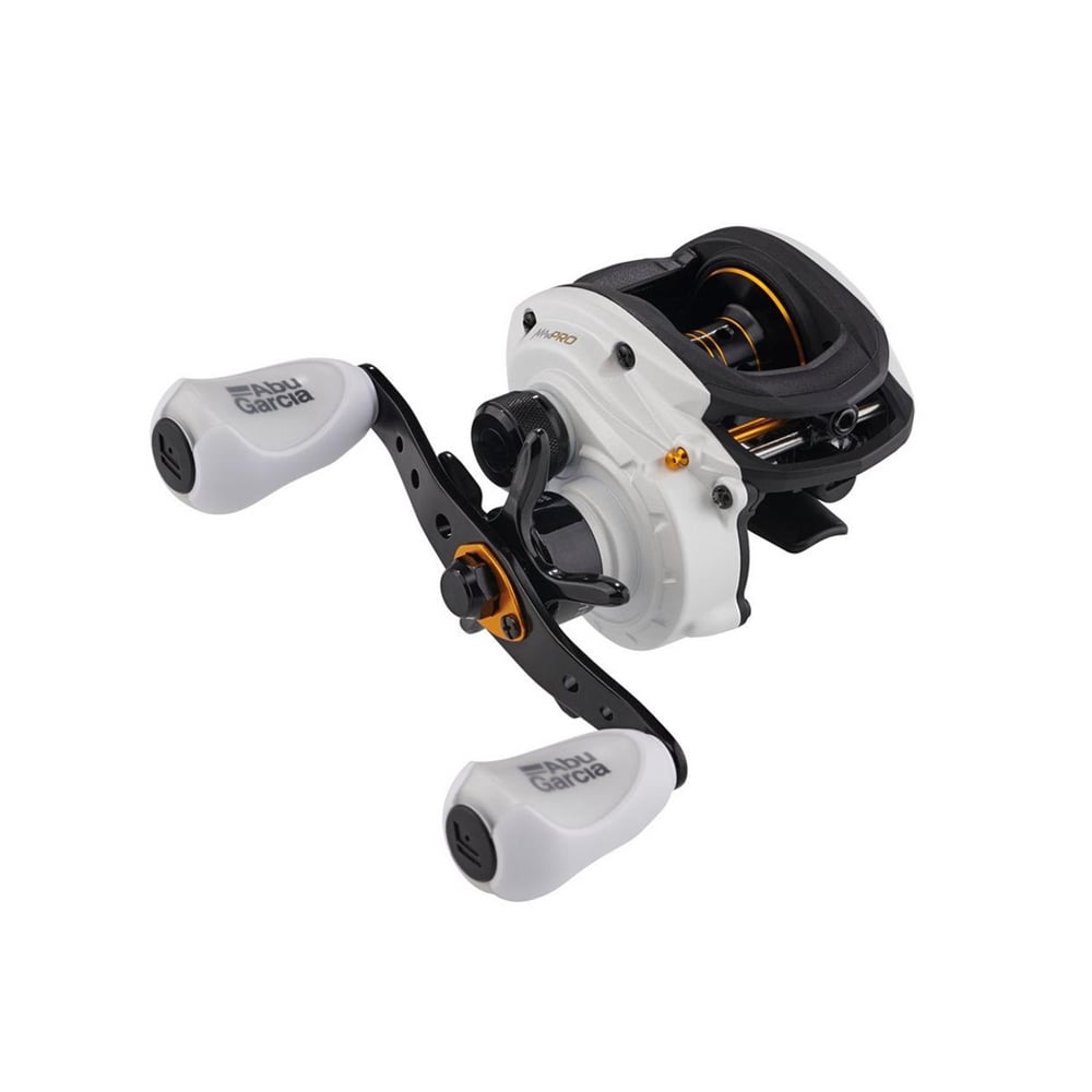 The Abu Garcia Max Pro Casting Reel 7.1:1 Right Hand (MAX4PRO) features a white and black design, two ergonomic handles with orange accents, and displays the Abu Garcia brand name on the handles.