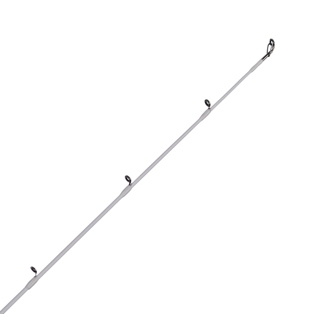 A close-up of the upper section of the Abu Garcia Veritas Casting Rod 7'3" Heavy | VTPC73-7 displays four line guides, set diagonally against a white background. The sleek and minimalist design is enhanced by Powerlux 100 technology, highlighting its premium features.