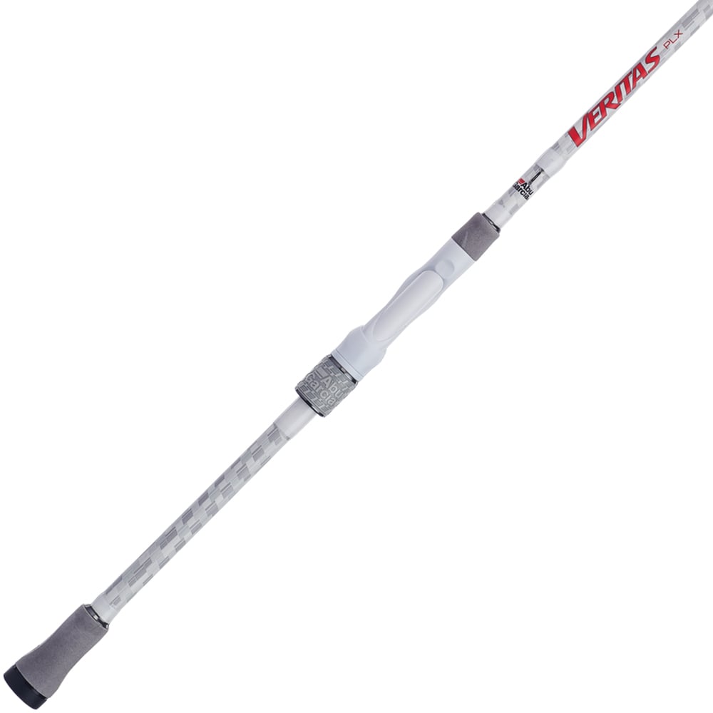 The Abu Garcia Veritas LTD Spinning Rod 6'6" Medium (VTPDTS66-5) features a white finish, gray grips, and a red "Veritas" logo. Enhanced with Powerlux technology for modern sophistication, its textured handle complements the sleek design as it rests against a plain white backdrop.