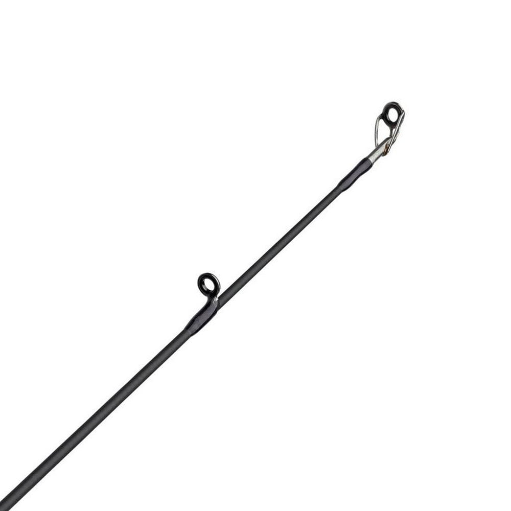A close-up of the Abu Garcia Veritas Tournament Casting Rod 7'3" Medium Heavy | VXTC73-6 highlights the tip with two line-guiding rings. Diagonally set against a white backdrop, this rod uses Powerlux 200 resin technology to boost performance.