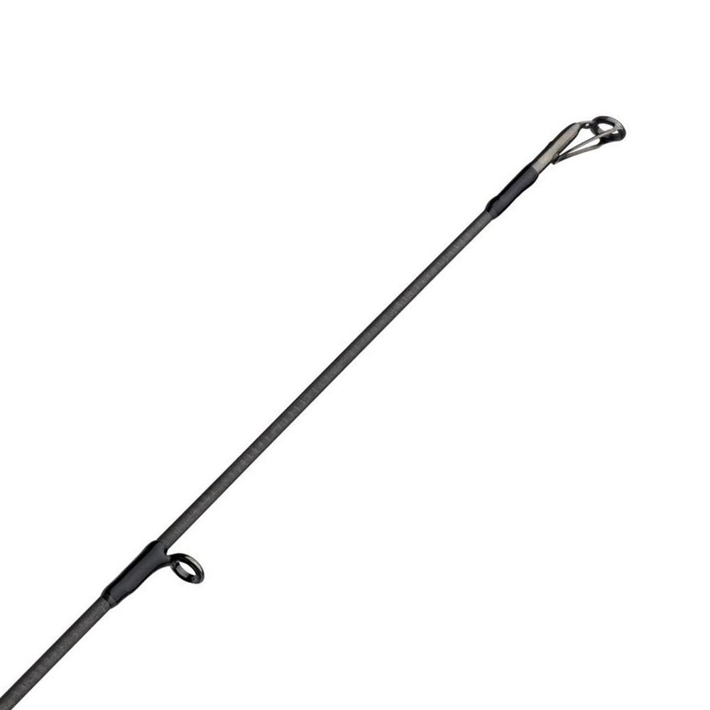 Close-up of the tip of an Abu Garcia Zenon Spinning Rod 7'0" Medium | ZENS70-5 showcasing two visible line guides, Powerlux 1000 technology, and titanium guides. The sleek metal and plastic design is highlighted on a white background.