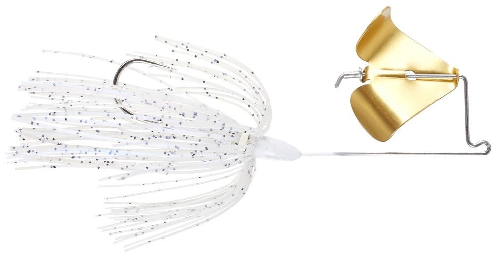The Accent Jacob Wheeler Original Buzzbait features a gold metal blade, wire arm, and white skirt with black specks. Its soft plastic keeper suits anglers seeking Jacob Wheeler's proven techniques. Brand: Accent.
