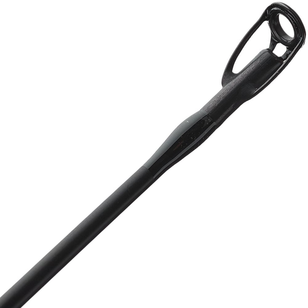 Close-up of the ALX IKOS Casting Rod Hammer 73 7'3" Heavy | IC87F5 tip with a circular metal eyelet, perfect for tournament fishing. The rod's glossy finish highlights its heavy power design, emphasizing manufacturing details of the tip and guide ring.