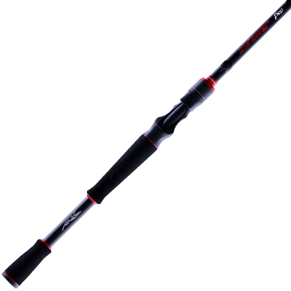 Introducing the Ark Invoker Pro Casting Rod 7'6" Extra Heavy | IVP76XHFC by Ark Fishing: a sleek black rod with red accents near the grip, modern aesthetics, and crafted with ARK High Pressure Carbon-Fiber Rolling Technology for exceptional strength and precision casting.