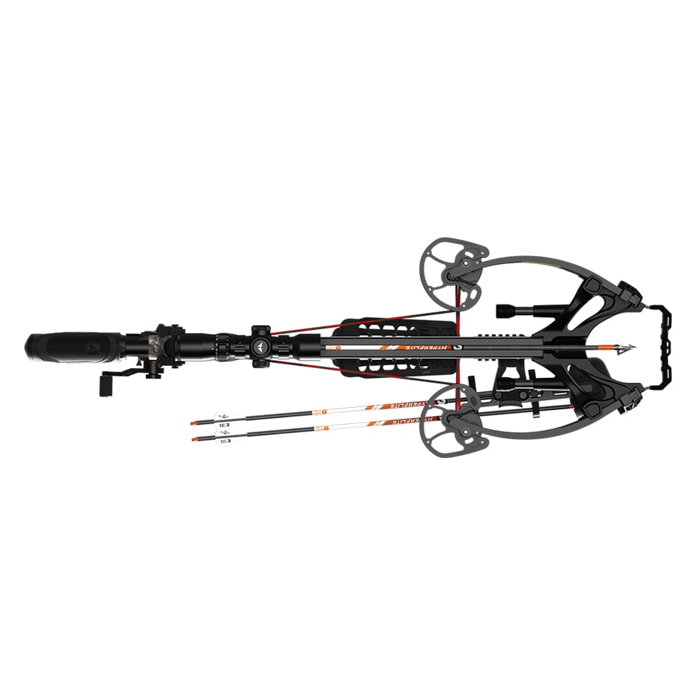 A Barnett Hypertac 420 Crossbow with CCD by Barnett (BAR78119) in black with orange accents is shown from above, featuring an illuminated scope and two HyperFlite arrows next to it on a white background.