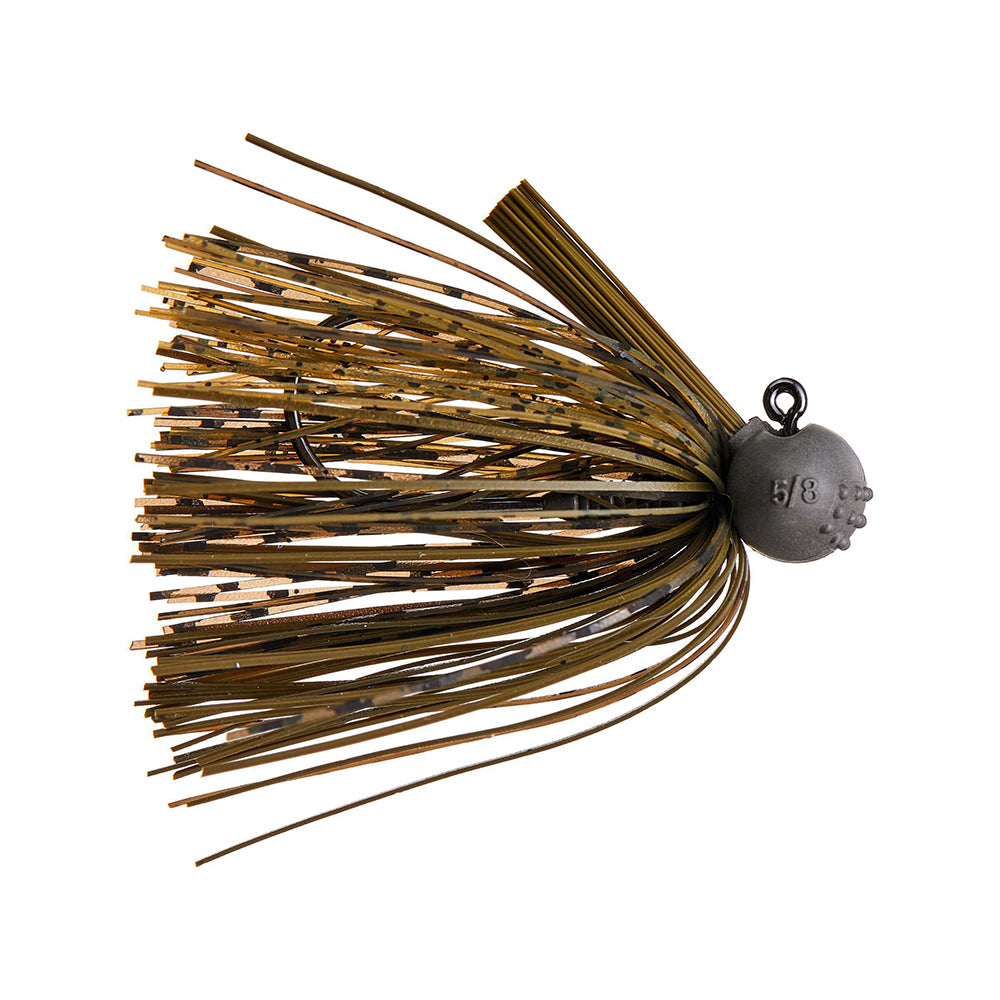 The Beast Coast Tungsten Compound Baby Dozer Football Jig by Beast Coast is a brown and gold skirted jig with a 5/8 oz round tungsten head, weed guard, and metallic strands—ideal for bass fishing.