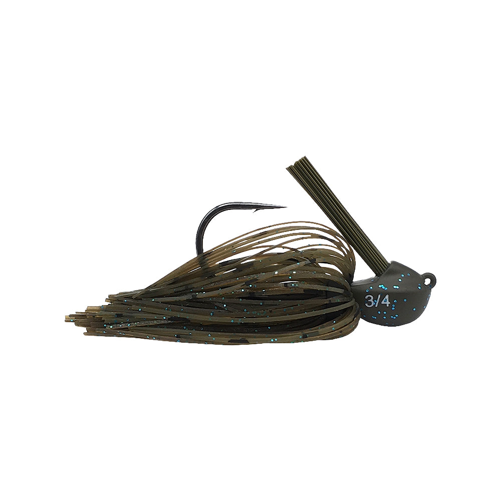 The Beast Coast Lil' Magnum Compact Flipping Tungsten Jig, from Beast Coast, features a weight-forward design with a green and brown skirt with blue speckles. It includes a hook and 3/4 marked weighted head for precise deep water strikes.