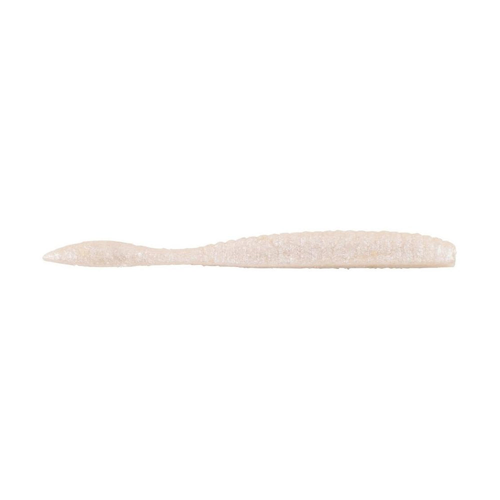 The Berkley Powerbait MaxScent Flat Worm by Berkley is a soft, pearly white, fish-shaped drop shot bait with a ribbed body and tapered tail, infused with scent to draw more bites.