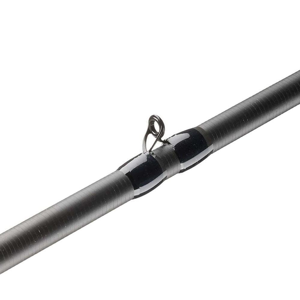 Close-up of a Cashion Rods Element Z2 Series Casting Rod Multi Purpose 7'1" Medium Heavy shows a metal line guide secured by black wrapping, emphasizing the rod’s quality construction and textured finish.