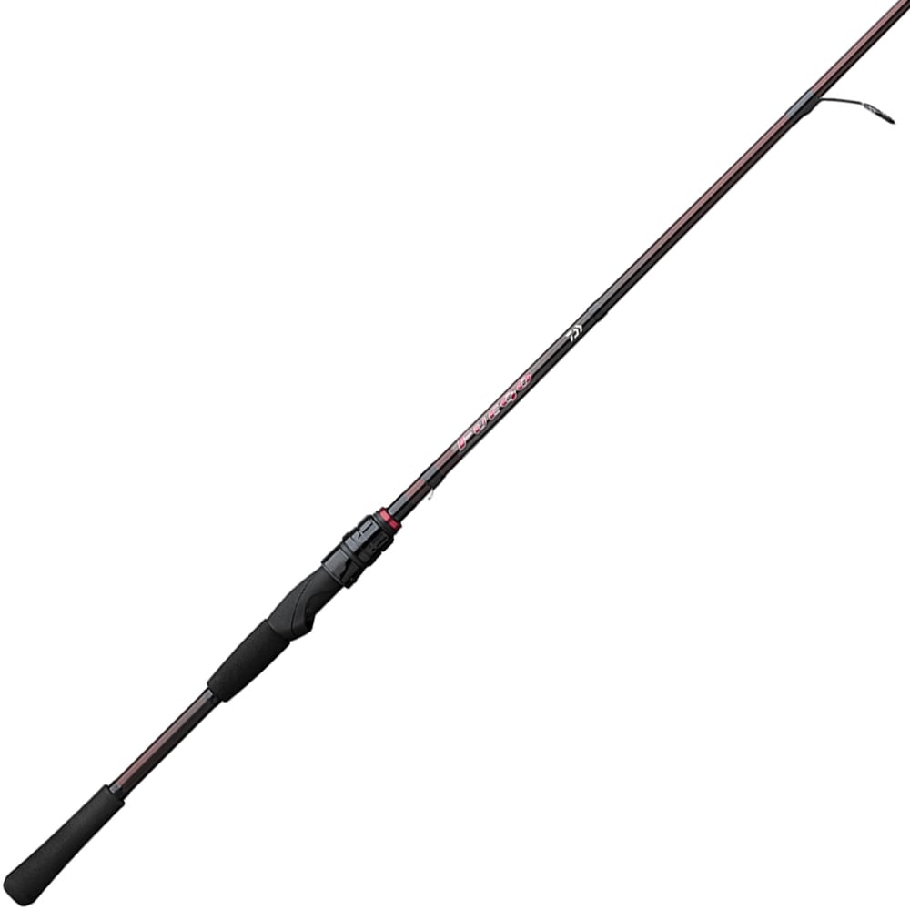 The Daiwa Fuego Spinning Rod 2 Piece 7'0" Medium | FGO702MFS features a black handle and slender, tapered design. Its medium power and lightweight build allow it to extend gracefully from bottom left to top right against a white background, showcasing its streamlined form.
