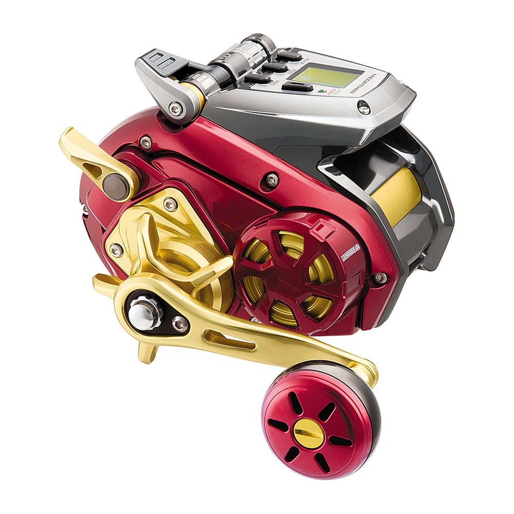 The Daiwa Seaborg 500MJ 3.6:1 Power Assist Electric Reel by americanlegacyfishing boasts a striking red and gold design with a digital display, revealing intricate gears and levers for a mechanical yet modern look, offering power assist for an enhanced fishing experience.