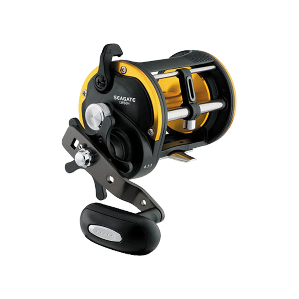 The Daiwa Seagate Star Drag Conventional Reel SGT40H features a bold black and gold design, large handle, visible metal parts, and a corrosion-proof composite frame for lasting performance. Brand: Daiwa.
