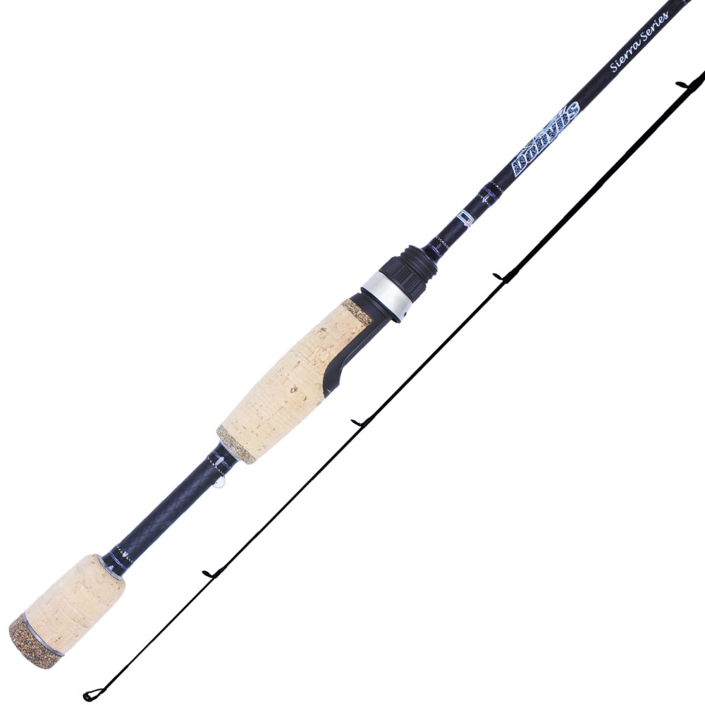 The Dobyns Sierra Trout and Panfish Series Spinning Rod, model STP 670-2SF, is an ultra-light 6'7" rod designed for trout and panfish fishing. It features a cork handle, a sleek black reel seat, multiple guides, subtle branding, and is crafted for finesse in angling adventures.