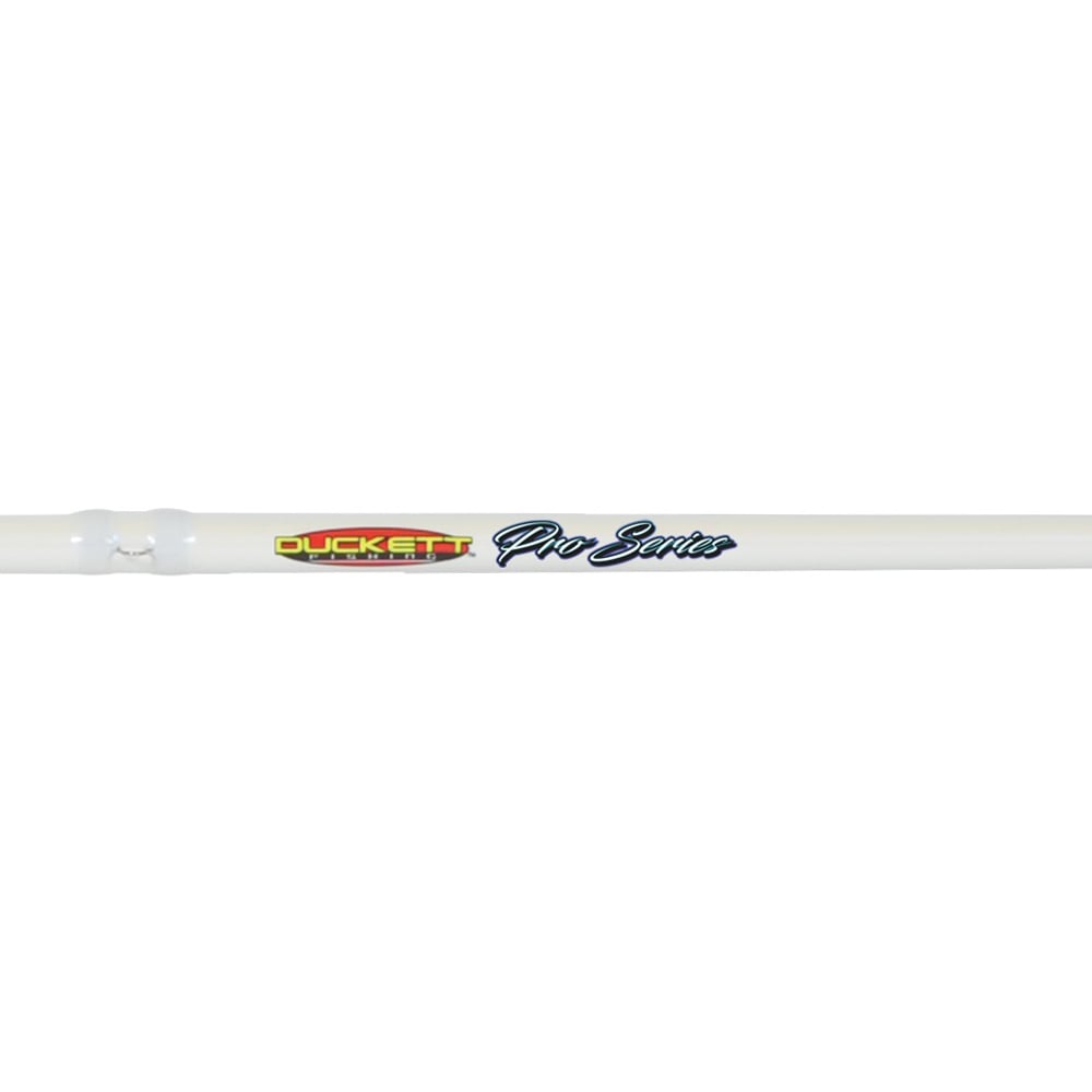 Close-up of the sleek white Duckett Pro Series Casting Rod Kelley Jordan 7'0" Medium Heavy, with "DUCKETT" in red and yellow and "Pro Series" in black script. It features Carbon Nano Technology for superior performance against a plain white background.