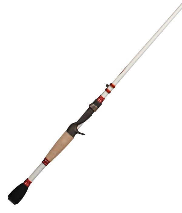 The Duckett Micro Magic Casting Rod 7' Extra Heavy from Duckett features a white shaft, cork handle, and red accents by the reel seat and tip. A black reel seat complements its design, positioned diagonally on a white background.