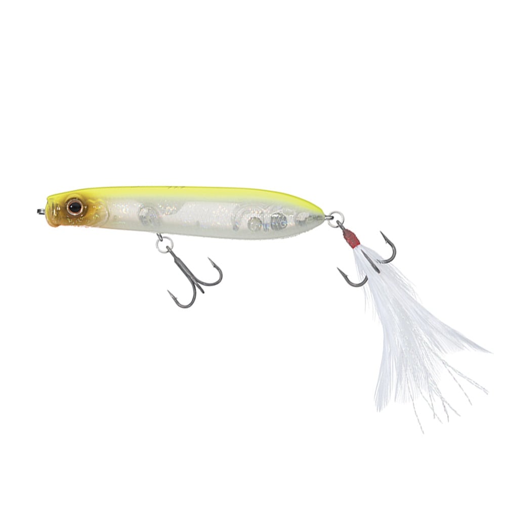 The Evergreen SB-77.7 Topwater Bait by Evergreen features a yellow and white fish-shaped body, air-resistance reduction for longer casts, and two feather hooks, including a feathered rear tail, shown on a white background.