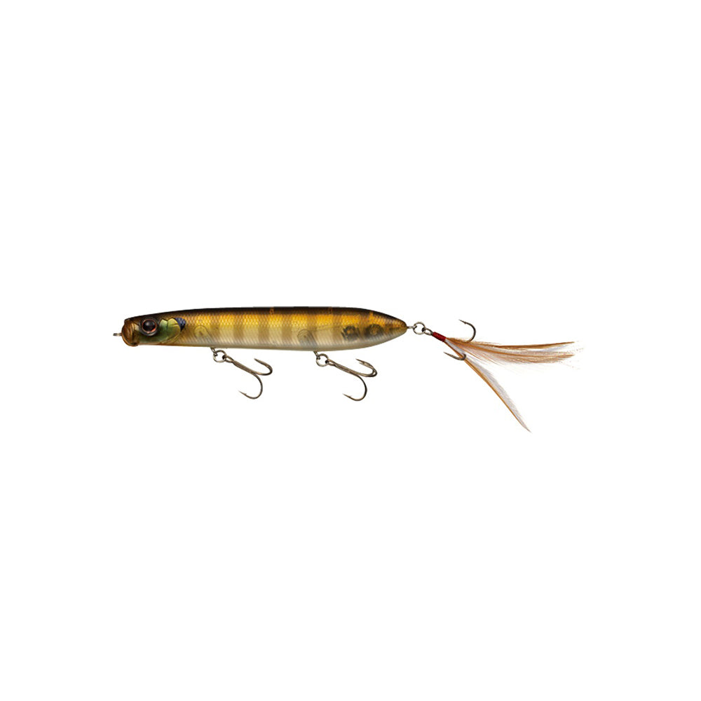 Introducing the Evergreen SB-105 Topwater Bait, a realistic fish lure ideal for bass fishing. It features a striped brown and yellow pattern, two treble hooks, a feathered tail, and glossy eyes to mimic real fish—all isolated on a white background.