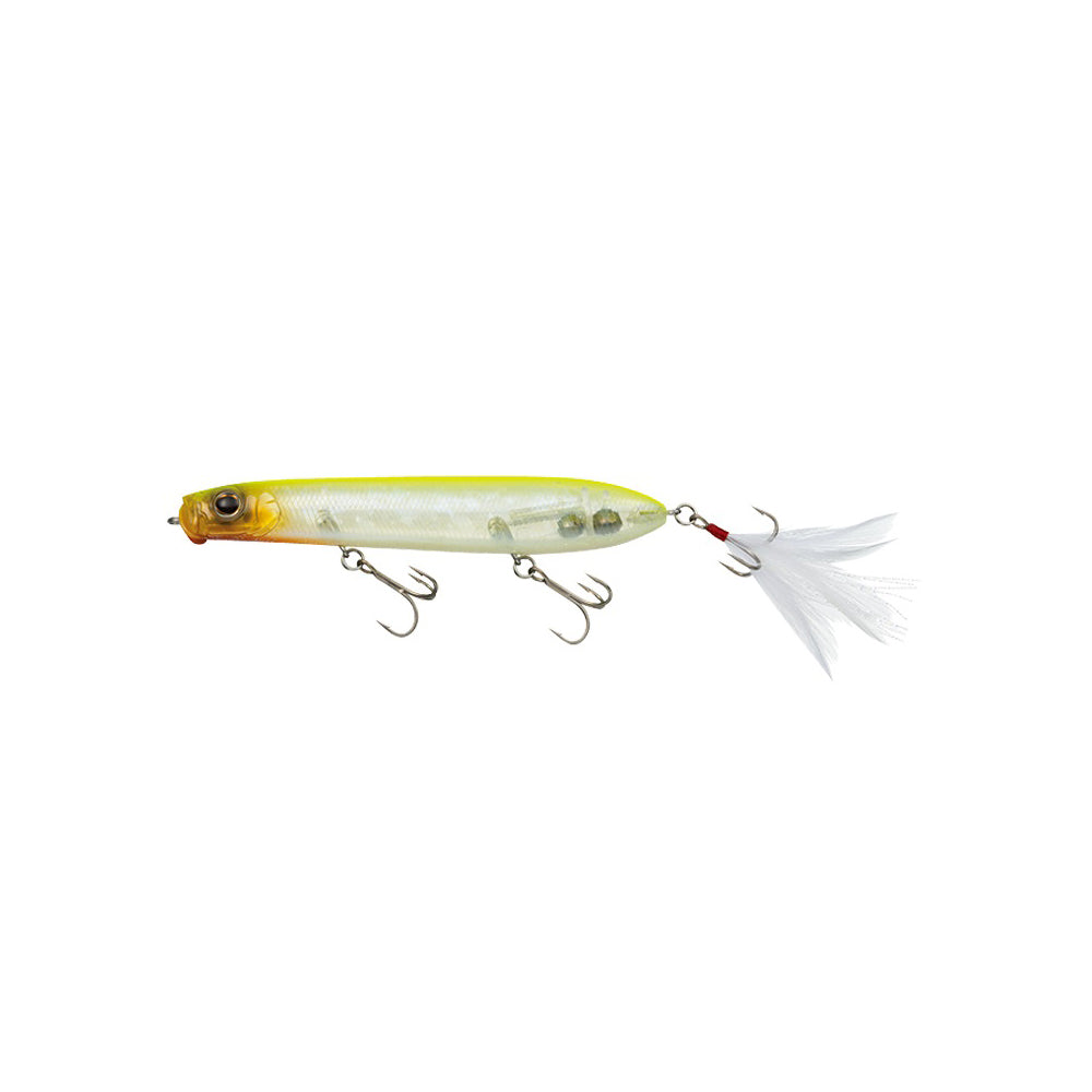The Evergreen SB-105 Topwater Bait is designed for bass fishing with a yellow and translucent body, three treble hooks, and a feathered tail hook. Its realistic fish design enhances movement in the water, making it an irresistible choice.