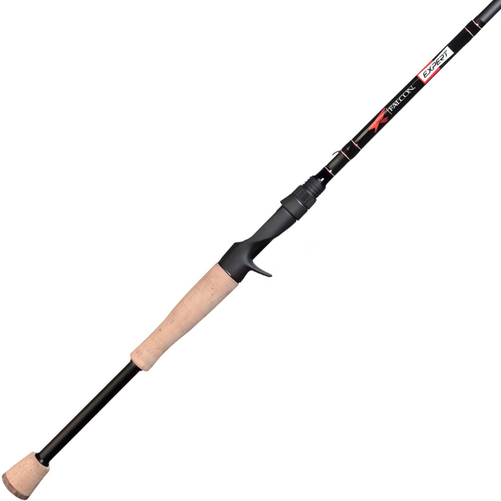The Falcon Expert "Jerkbait" 6'8" Medium Casting Rod (EC-4-168) features a black finish, light cork handle with trigger grip, and red/white branding by the reel seat. Medium action offers versatile performance. Shown on a white background.