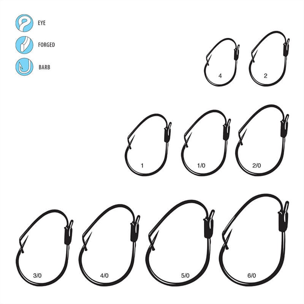 Illustration of Gamakatsu Finesse Weedless Wide Gap Hooks, by Gamakatsu, in sizes 1 to 6/0. Features include icons for eye, forged, and barbed. Hooks are displayed in two rows with smaller sizes on top.