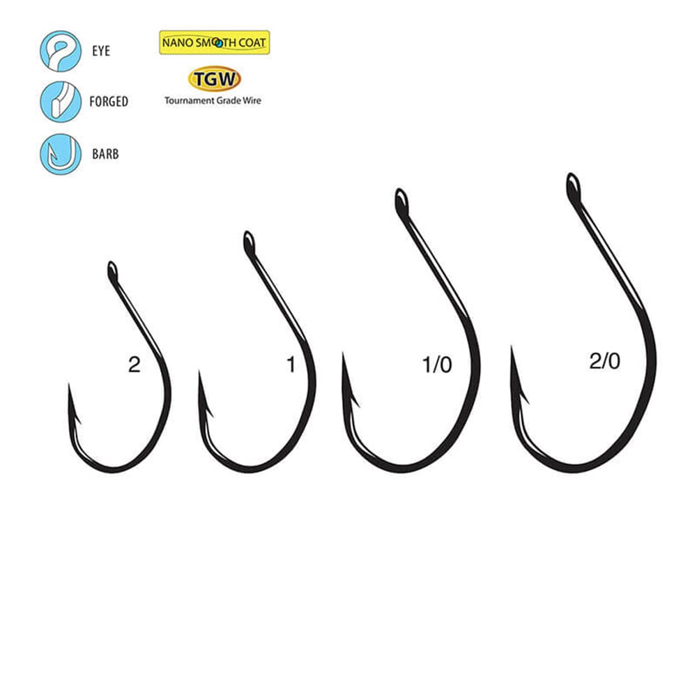 Diagram displays four Gamakatsu G-Finesse Drop Shot Hooks by Gamakatsu in sizes 2, 1, 1/0, and 2/0. Top left icons show eye, forged shank, barb, Nano Smooth Coating, and tournament grade wire features.
