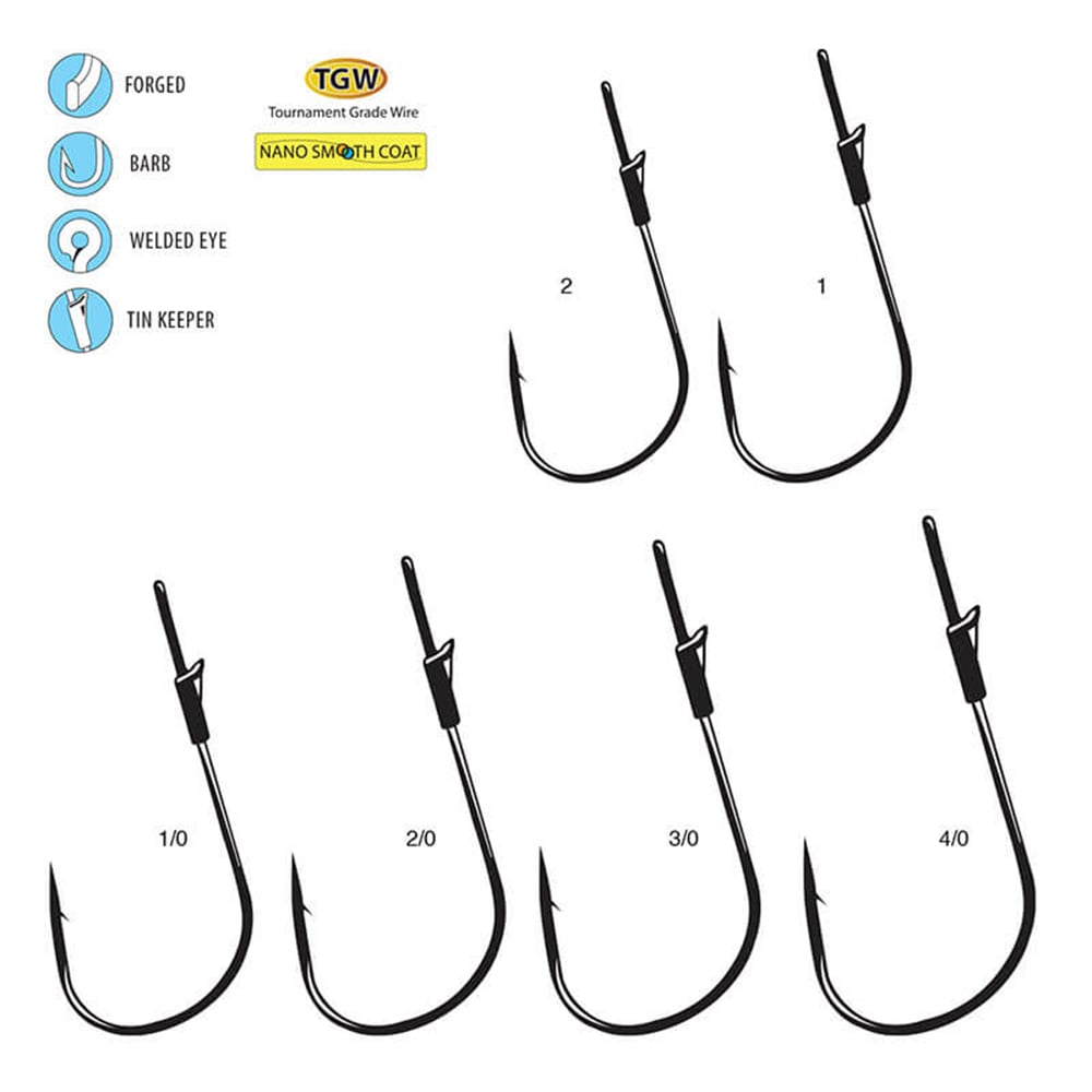 Diagram of six Gamakatsu G-Finesse Heavy Cover Worm Hooks in sizes 1/0, 2/0, 3/0, and 4/0, showing Tournament Grade Wire, forged design, barb, welded eye, tin keeper, and nano smooth coat features.