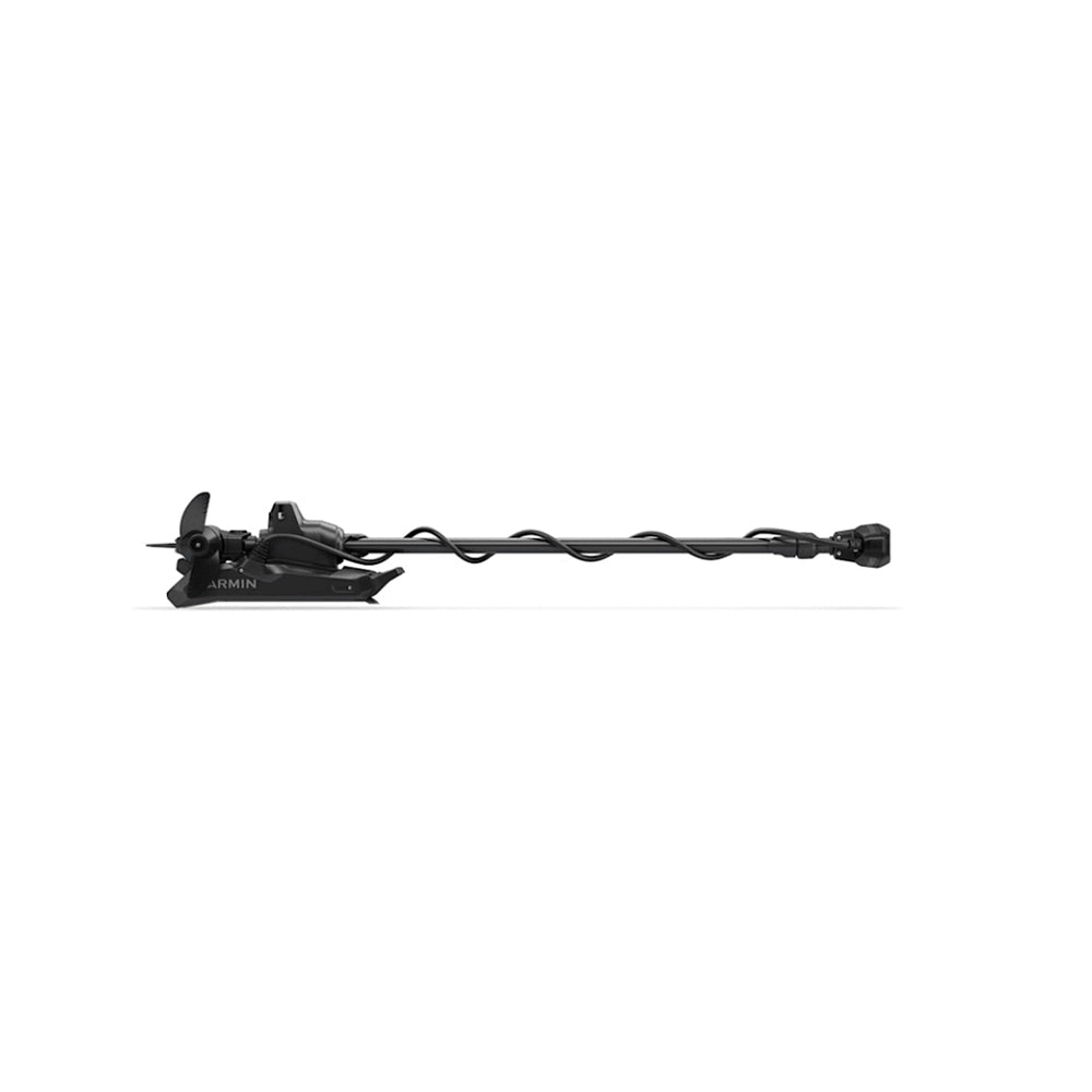The Garmin Force Kraken Trolling Motor by Garmin, in black, with an extended shaft and propeller plus a pivot-style mount, is shown horizontally against a white background.