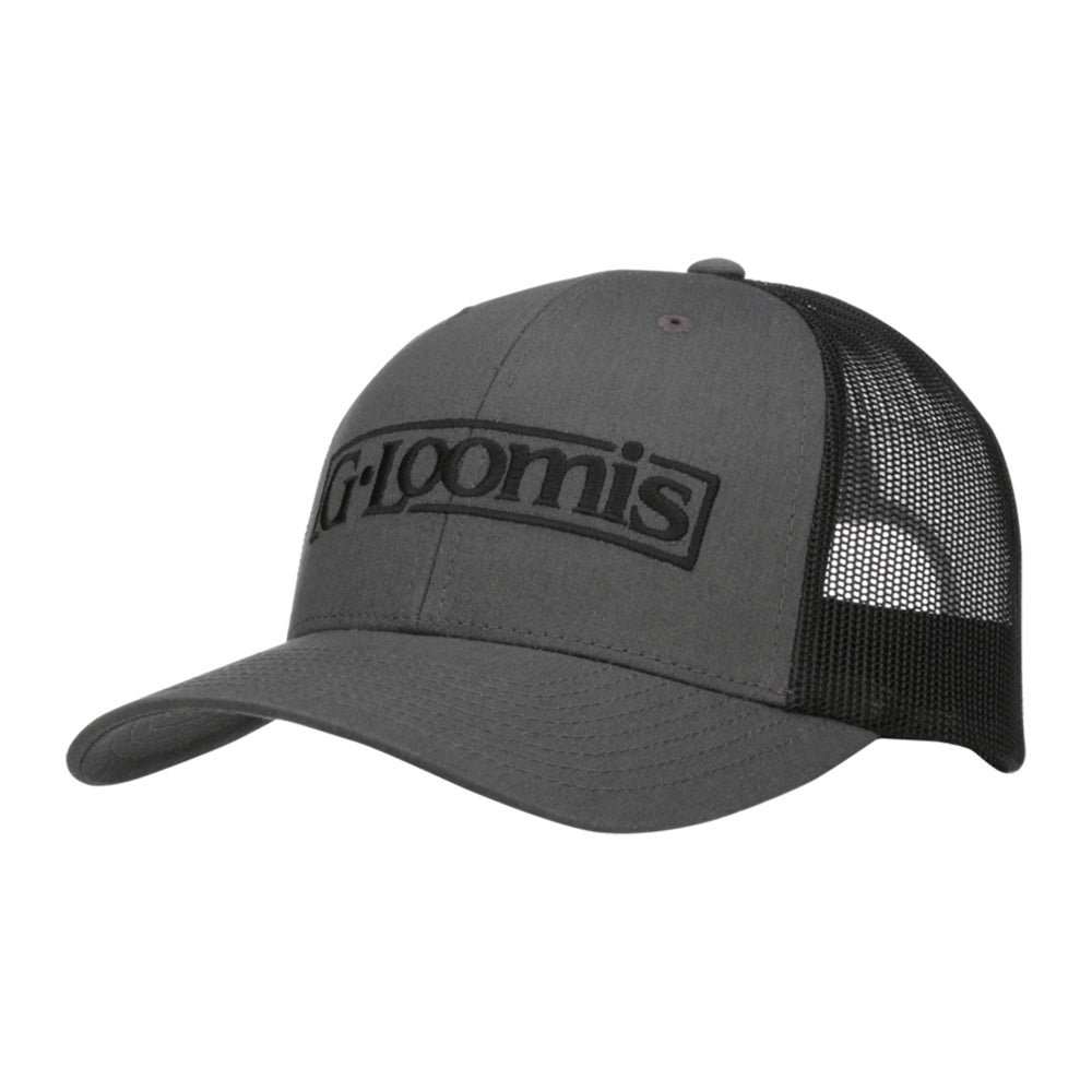 The G. Loomis Low Pro Cap by G. Loomis is a gray and black trucker hat with the "G.Loomis" logo embroidered in black, featuring an adjustable snapback, curved brim, and structured crown for comfort.