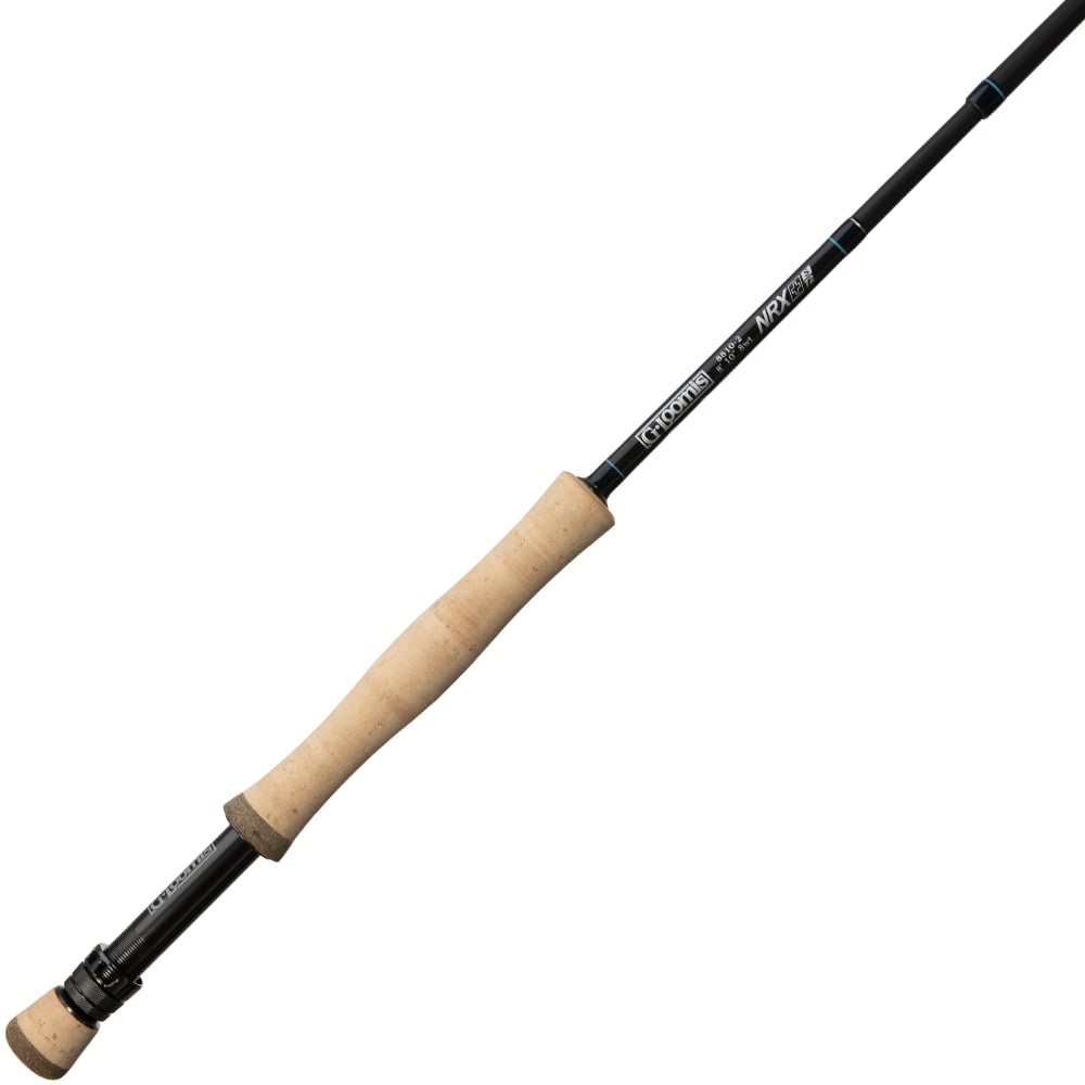 The G. Loomis NRX+ T2S Saltwater Fly Rod 8810-2 features a black finish, cork handle and grip, subtle branding near the handle, and is engineered by G. Loomis for superior performance on the water.