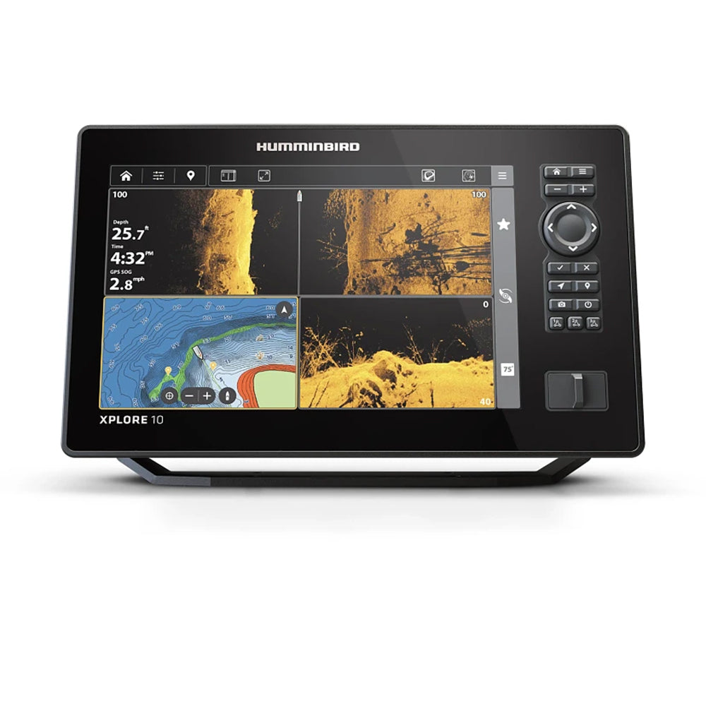 The Humminbird Xplore Fishfinder features a large color display with sonar, side imaging, MEGA Live 2 forward-facing sonar, map views like LakeMaster charts, plus multiple control buttons and a right-side dial.