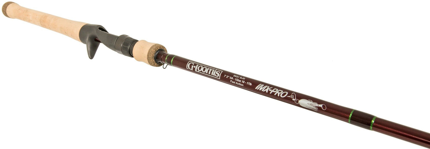 A close-up of the G. Loomis IMX-PRO Bladed Jig 862C BJR 7'2" Medium Casting Rod, featuring a cork handle and maroon finish, highlights the G. Loomis logo and model details—ideal for bladed jig fishing.