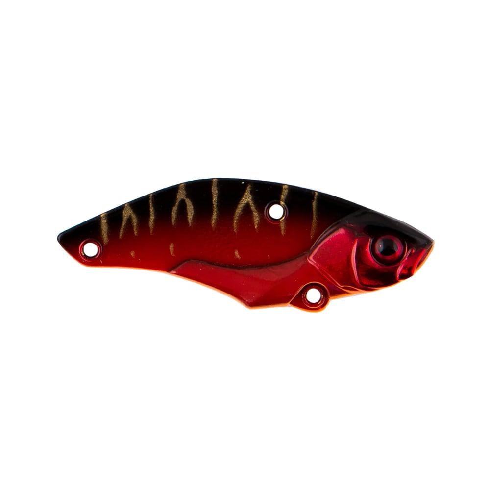 The Jackall Keeburn Blade Bait by Jackall is a red and black vibration lure with a metallic sheen, detailed eye, and three holes for lines or hooks—perfect for anglers seeking proven performance.