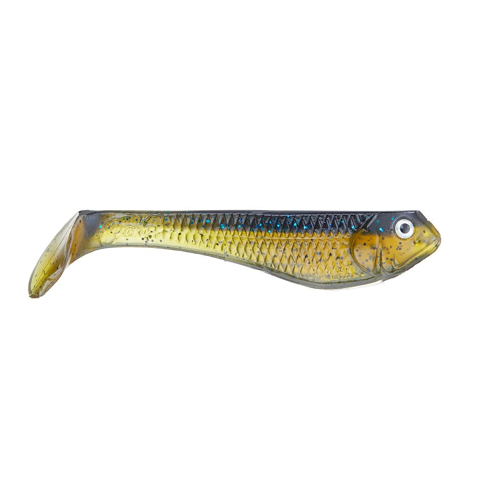 The Jenko Fishing Booty Shaker Swimbait is a soft plastic lure shaped like a fish, featuring a yellow-green body with blue and black speckles, a paddle tail, and a realistic fish eye.