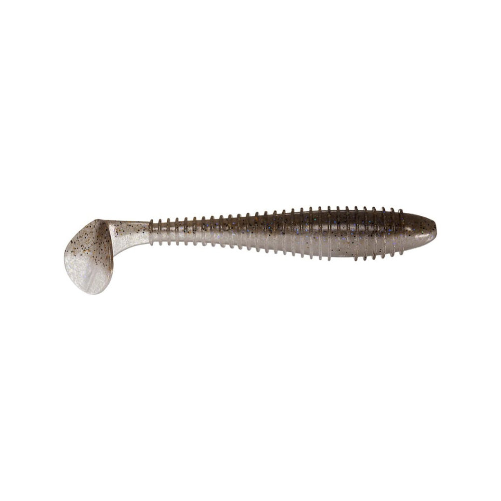 This gray Keitech Fat Swing Impact Swimbait, featuring black speckles, a streamlined ribbed body, and a curved paddle tail, exhibits superb swimming action against a plain white backdrop.