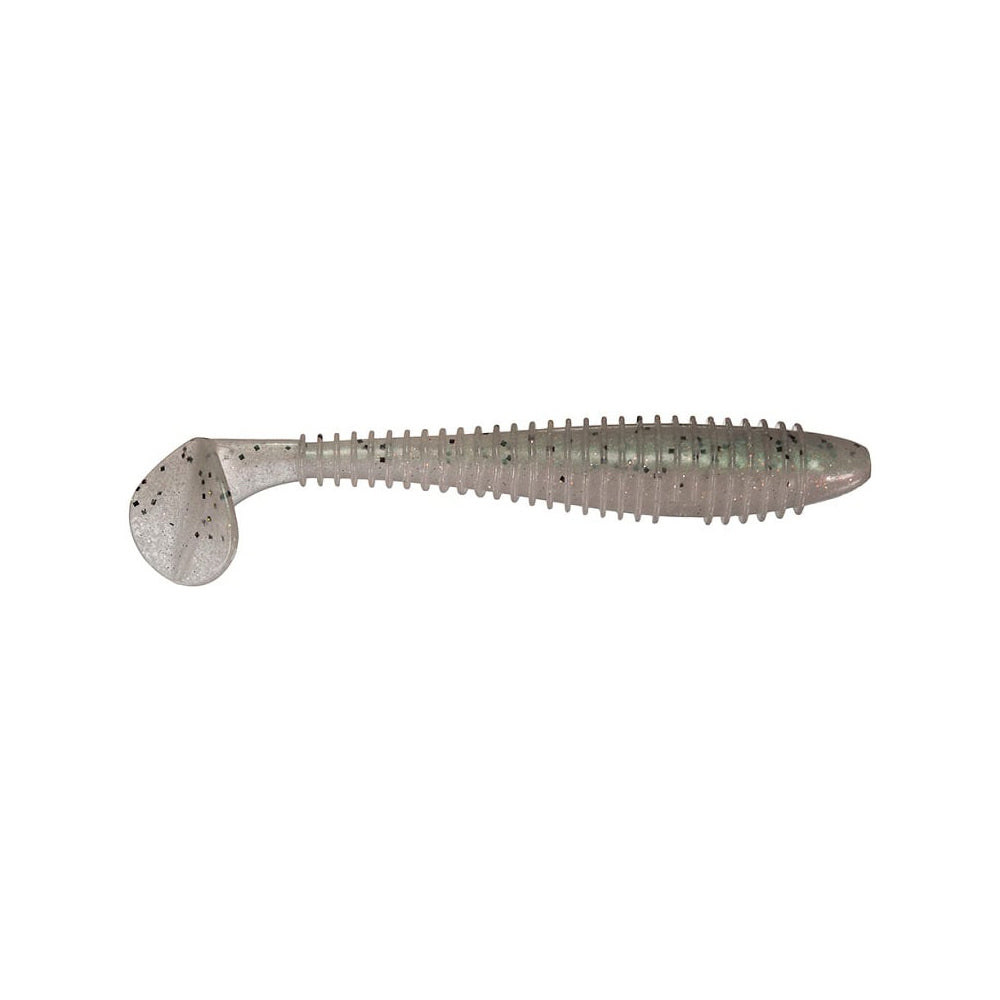 The Keitech Swing Impact Fat Swimbait 3.3" 7pk features a ribbed body, paddle tail, and translucent gray color with black specks—perfect for anglers seeking the classic Keitech design.