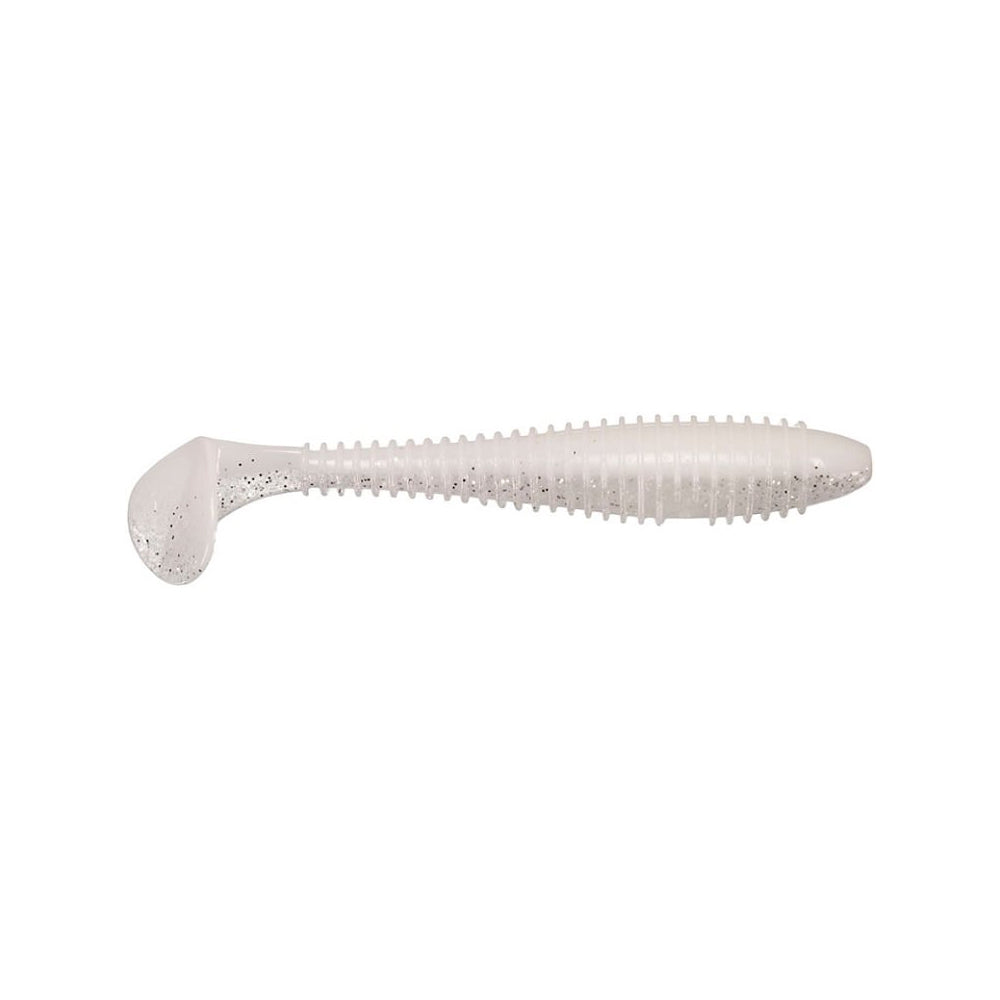 The Keitech Swing Impact Fat Swimbait 3.8" 6pk features soft, salted plastic in translucent white with a ribbed body and paddle tail, mimicking baitfish for effective fishing.