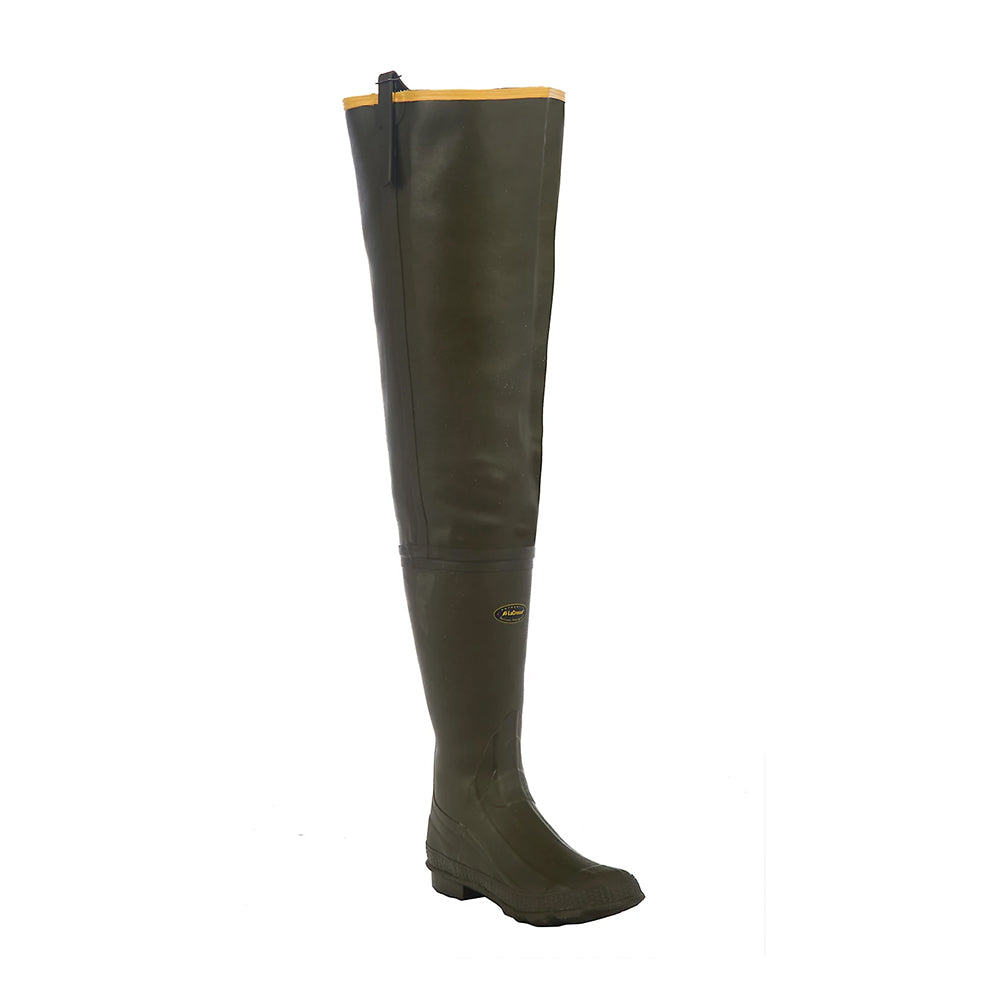 The Lacrosse Big Chief Hip Waders Non-Insulated 32" are olive-green rubber boots with yellow trim, a textured sole, and a top strap for secure, waterproof protection from the foot up to the thigh. Brand: Lacrosse.