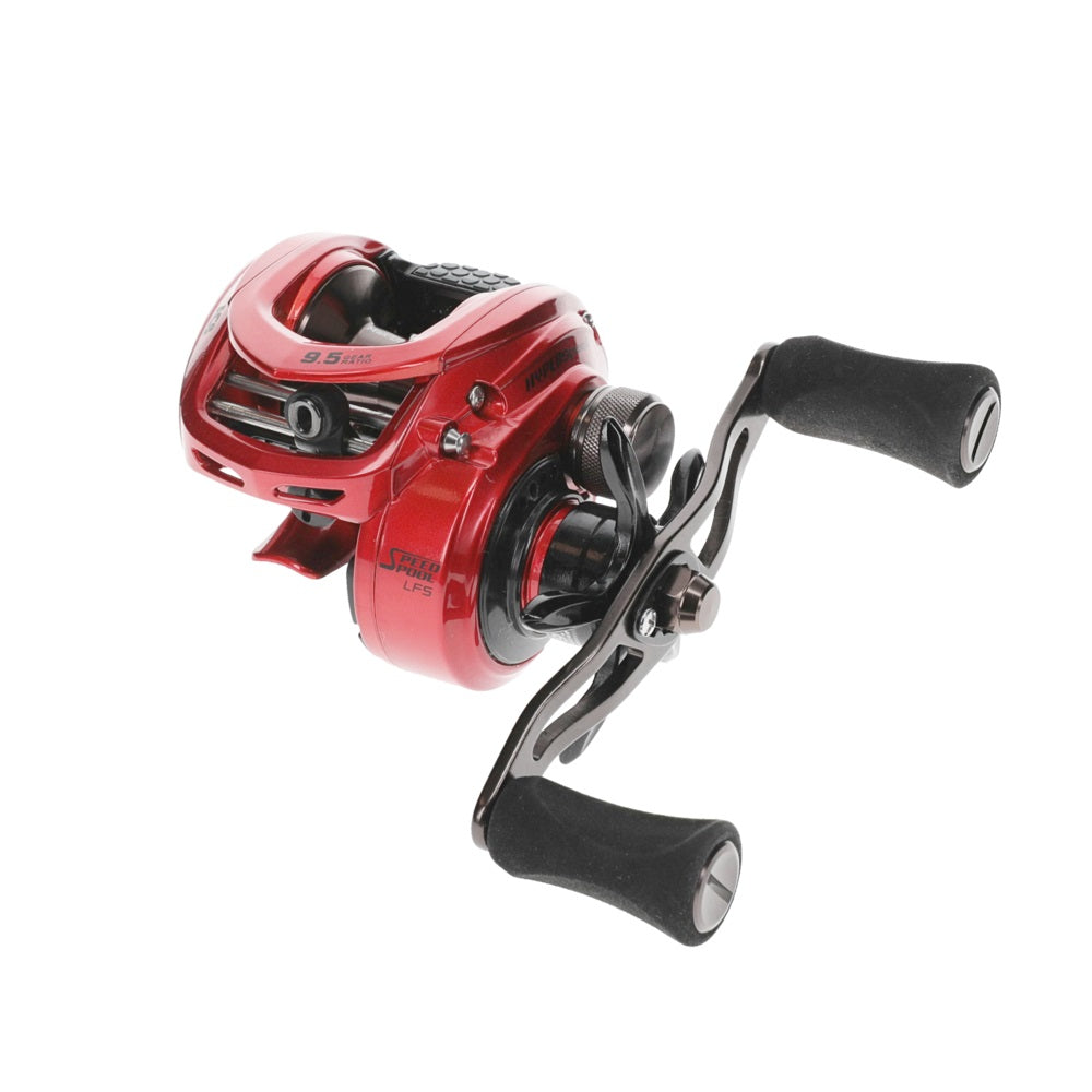 The Lew's Hyperspeed LFS Casting Reel 9.5:1 LH (HS1-9.5L), a red baitcast reel with black handles, is displayed against a white background.