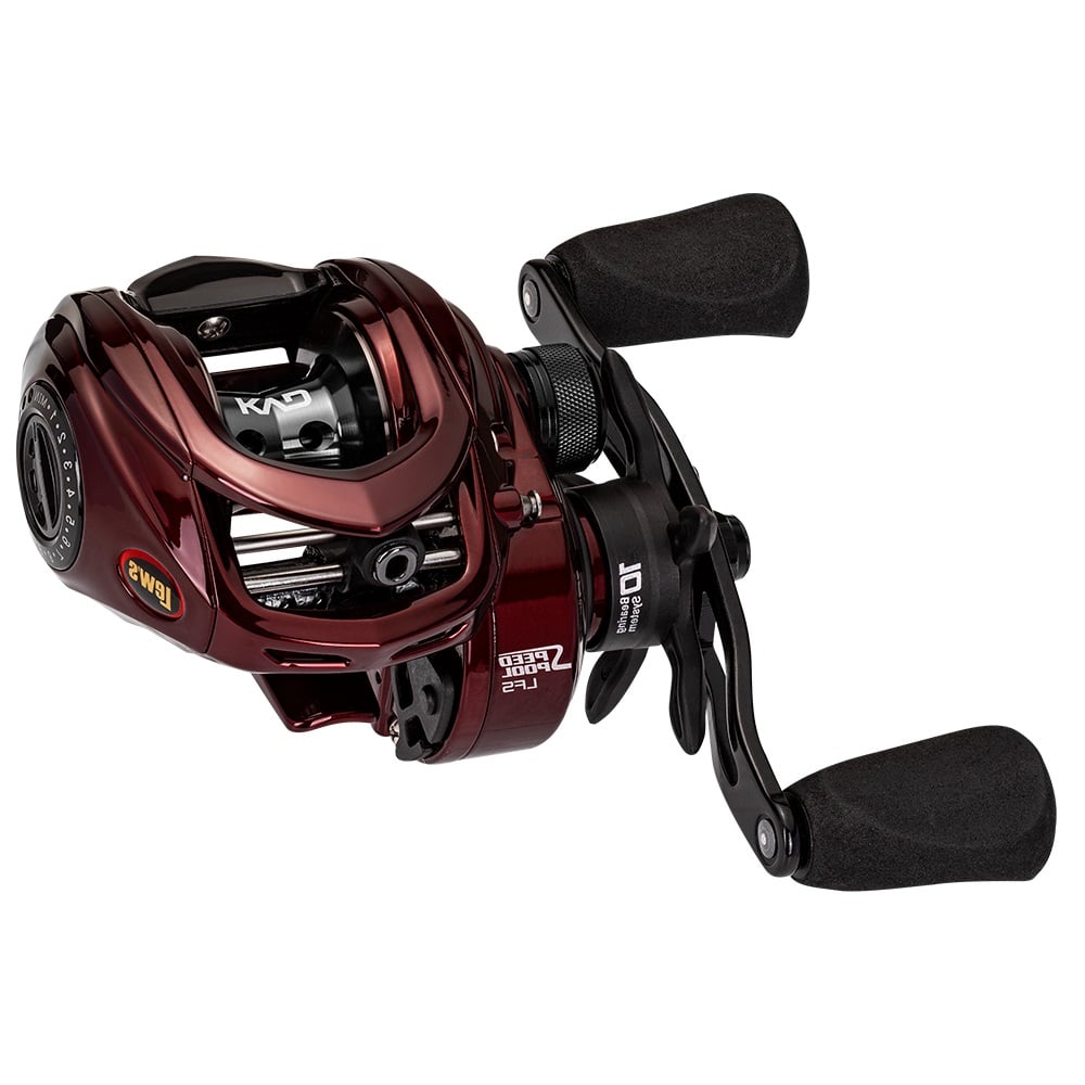 A close-up of a maroon Lew's KVD LFS Series Casting Reel 6.2:1 Left Hand (KVD1HL) featuring black handles, metallic accents, ergonomic grips, and branded details, designed for smooth and efficient retrieves.