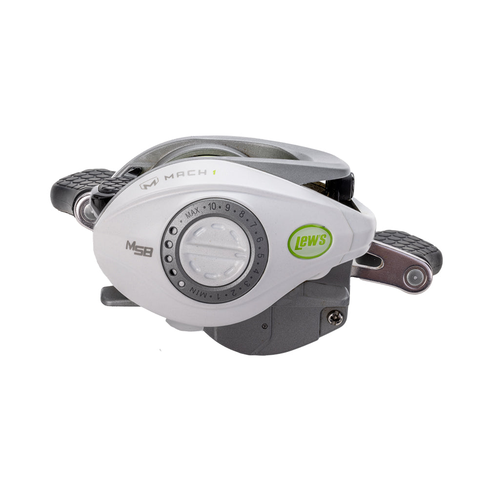 A Lew's Mach 1 SS Gen 3 Casting Reel 7.5:1 LH (MHSS1SHLG3) in white with silver, black, and green accents and a side adjustment dial, shown from the side on a white background.